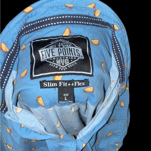 FIVE POINT Short-Sleeve Light Blue Button-Down Shirt with Orange Taco Motif - Picture 3 of 3